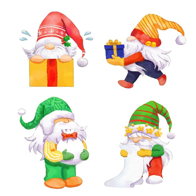 Watercolor christmas gnomes collection