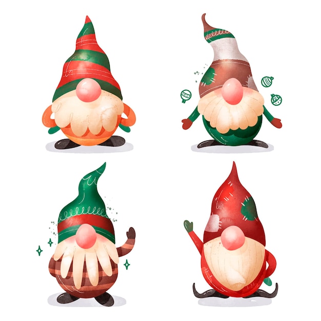 Free vector watercolor christmas gnomes collection