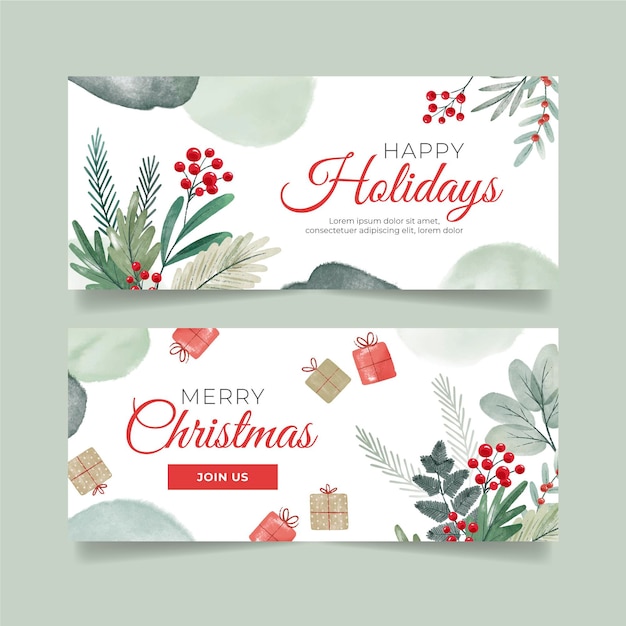 Free vector watercolor christmas horizontal banners set