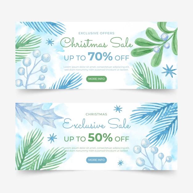 Free vector watercolor christmas horizontal banners set