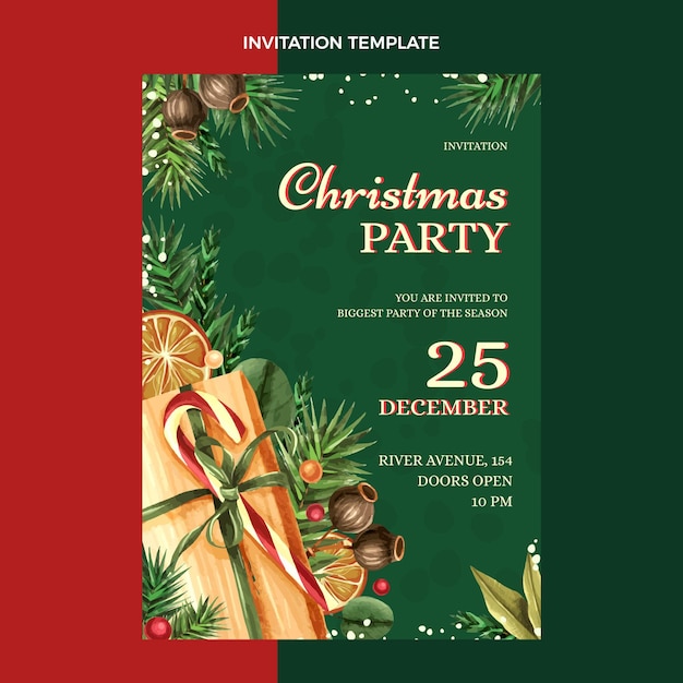 Free vector watercolor christmas invitation template