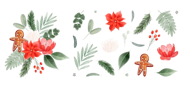 Watercolor christmas leaves and flowers collection