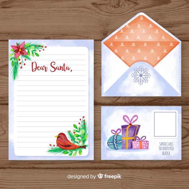 Watercolor christmas letter and envelope template