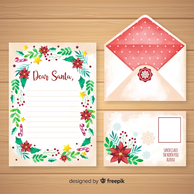 Free vector watercolor christmas letter and envelope template