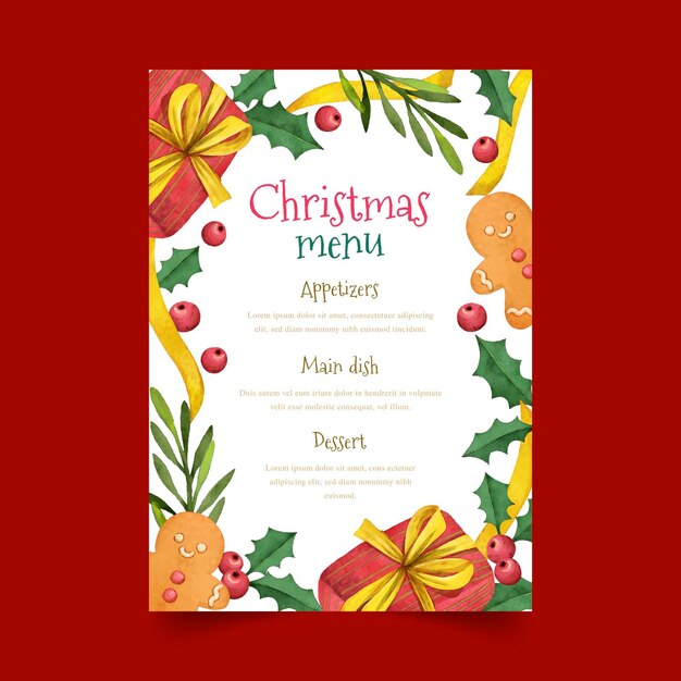 Watercolor christmas menu template