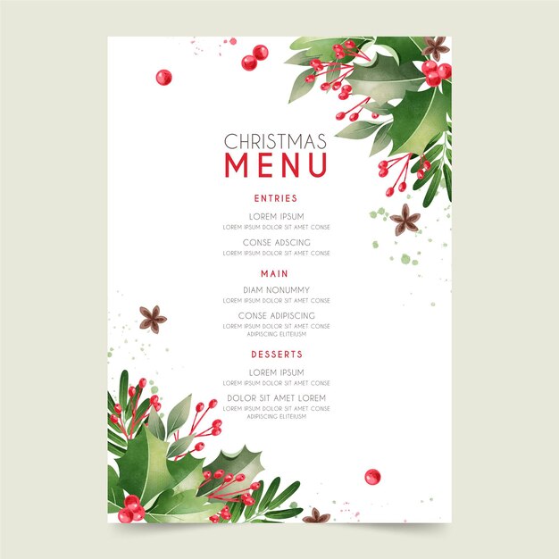 Watercolor christmas menu template