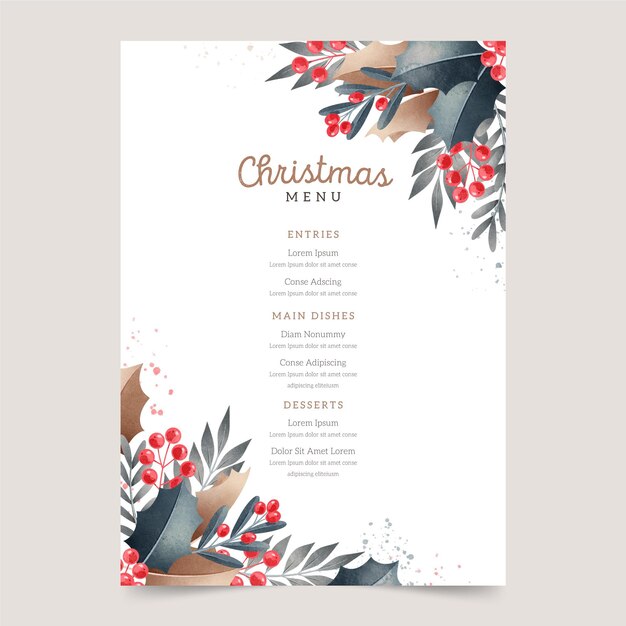Watercolor christmas menu template