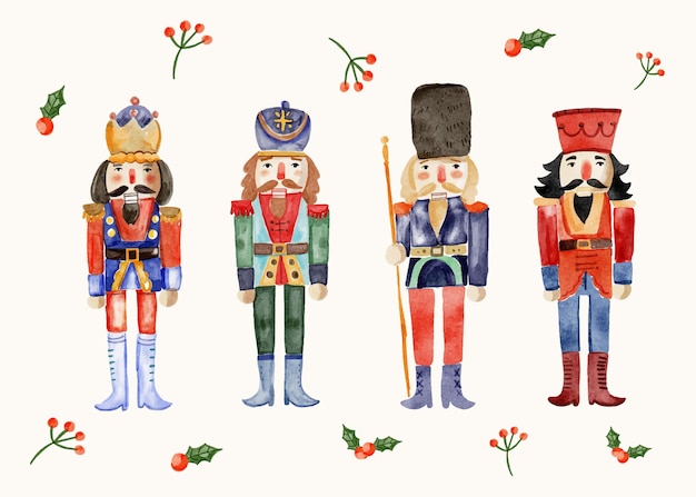 Free vector watercolor christmas nutcrackers collection