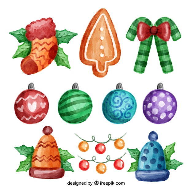 Free vector watercolor christmas ornaments pack