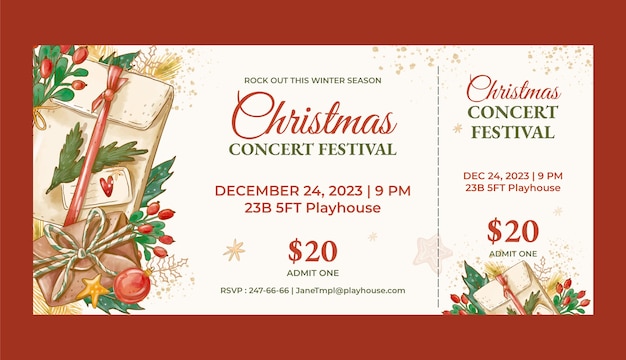 Watercolor christmas party ticket template