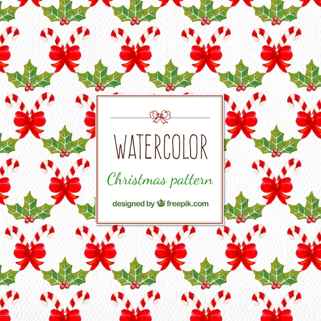 Free vector watercolor christmas pattern with  candy cane and mistletoe