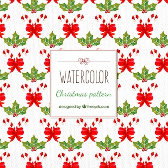 Watercolor christmas pattern with  candy cane and mistletoe