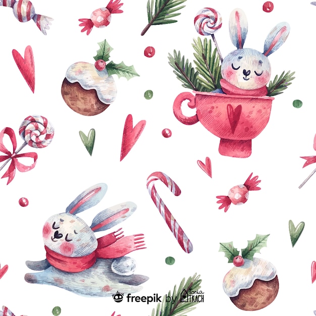 Free vector watercolor christmas rabbit seamless pattern