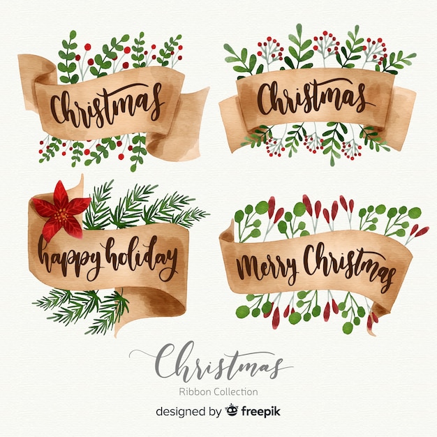 Free vector watercolor christmas ribbon collection  with lettering