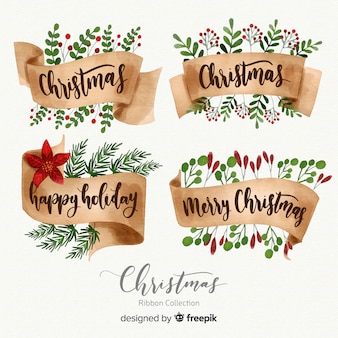 Watercolor christmas ribbon collection  with lettering