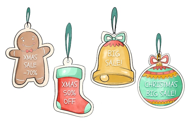 Бесплатное векторное изображение Акварельные рождественские продажи тегов коллекции