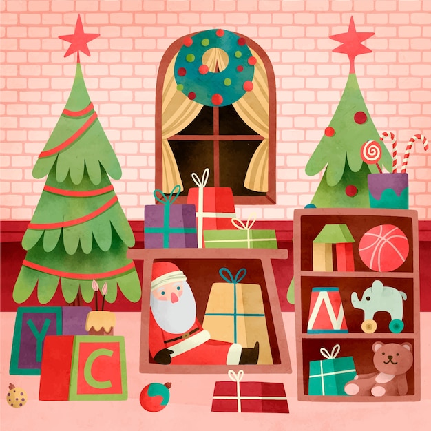 Free vector watercolor christmas santa workshop illustration