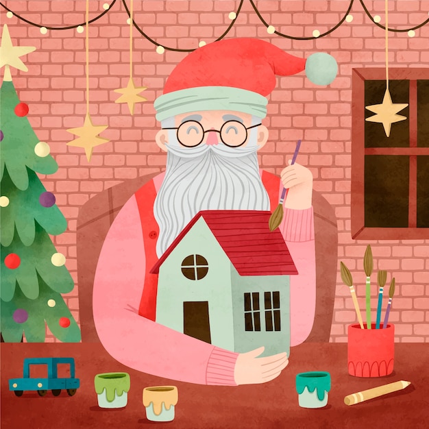 Free vector watercolor christmas santa workshop illustration