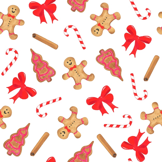 Free vector watercolor christmas seamless pattern with bow, gingerbread, sweet cane and cinnamon