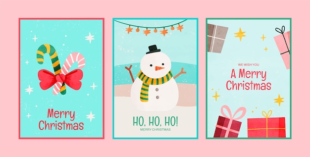 Watercolor christmas season greeting cards collection with snowman and presents