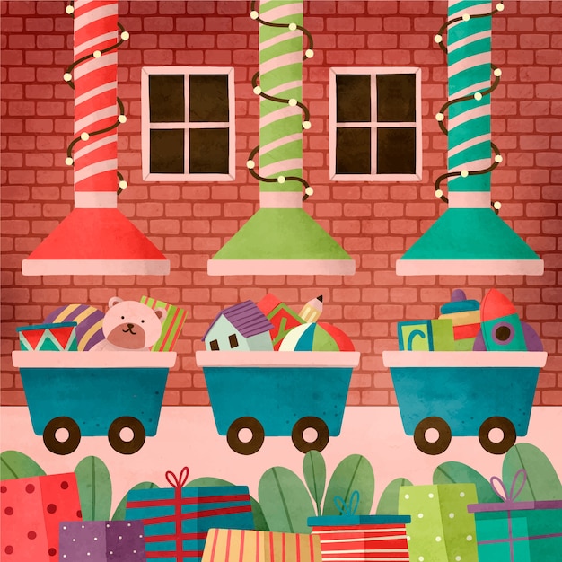 Free vector watercolor christmas season santa workshop illustration