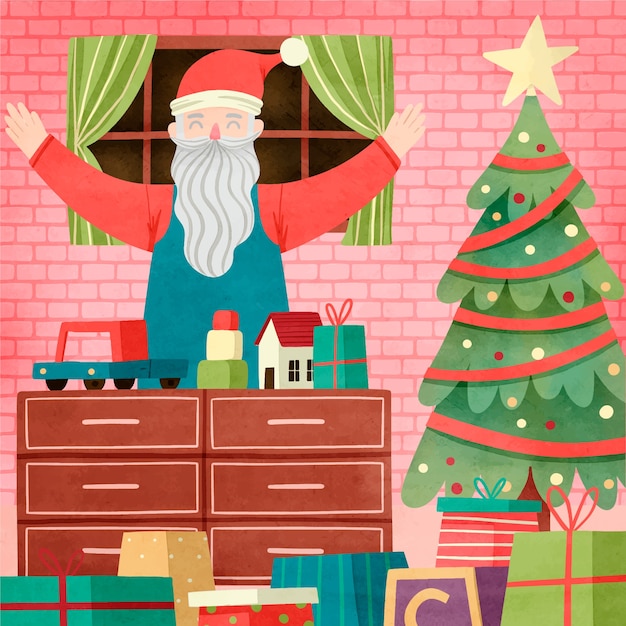 Watercolor christmas season santa workshop illustration