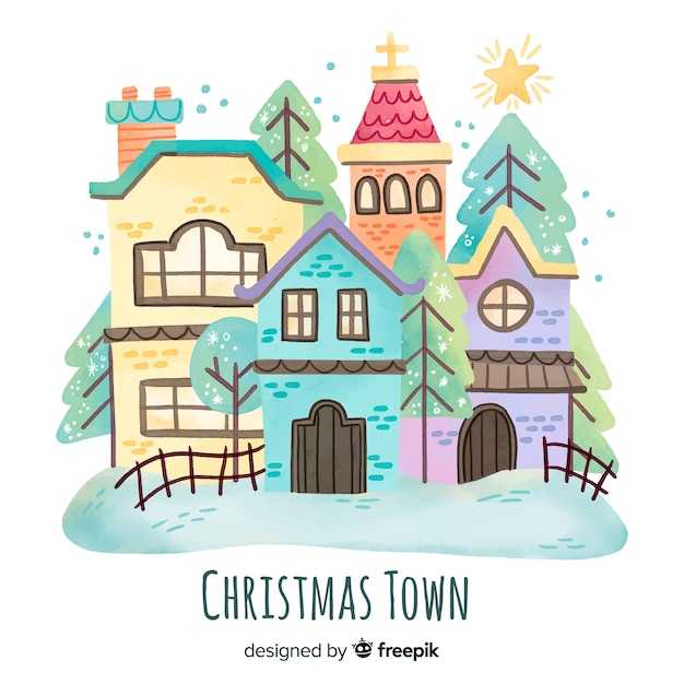 Watercolor christmas town background