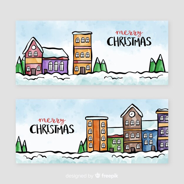 Watercolor christmas town banner collection