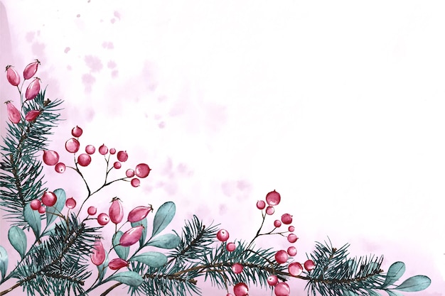 Watercolor christmas tree branches background with empty space