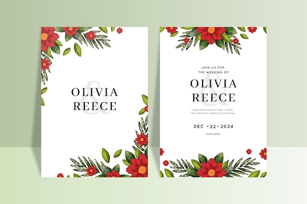 Watercolor christmas wedding invitation template with flowers