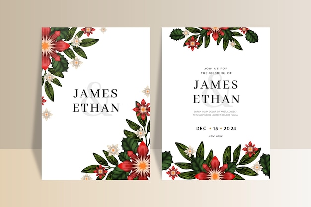 Watercolor christmas wedding invitation template with flowers