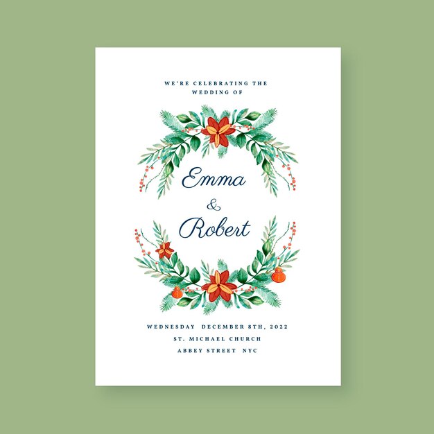 Watercolor christmas wedding invitation template