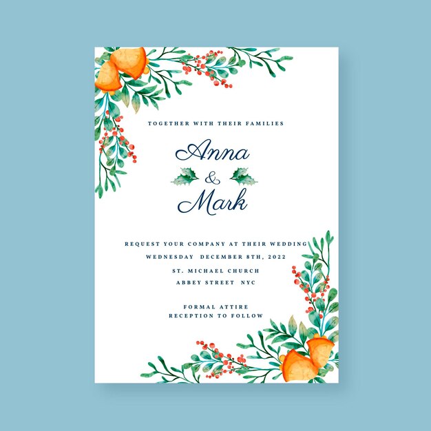 Watercolor christmas wedding invitation template