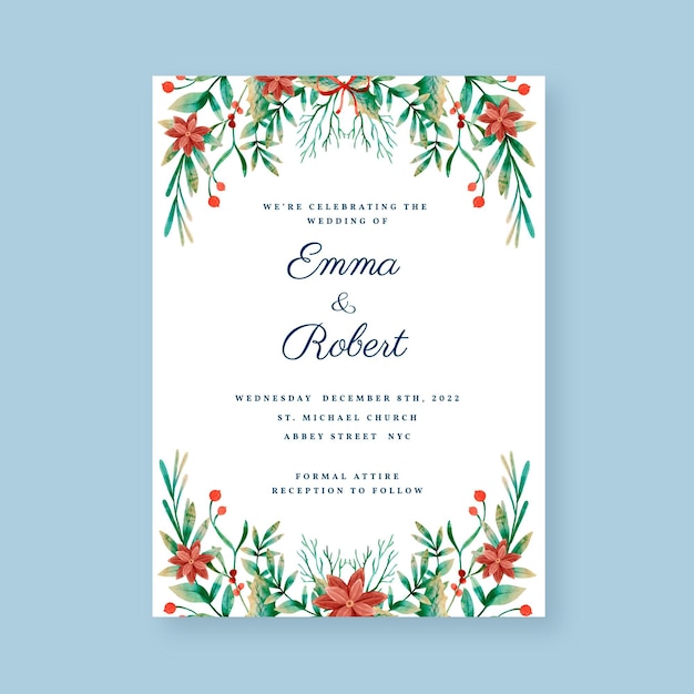 Free vector watercolor christmas wedding invitation template