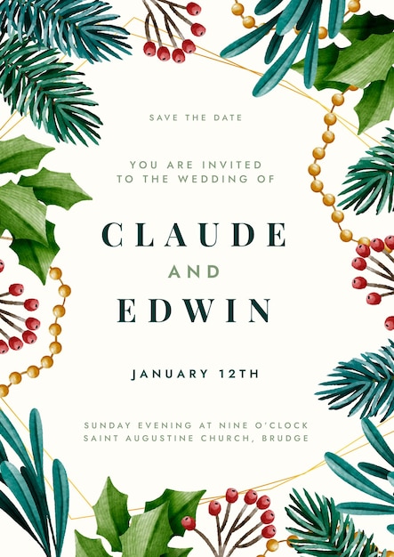 Free vector watercolor christmas wedding invitation template