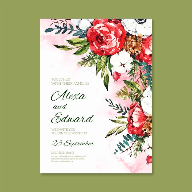 Watercolor christmas wedding invitation template