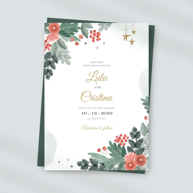 Free vector watercolor christmas wedding invitation template