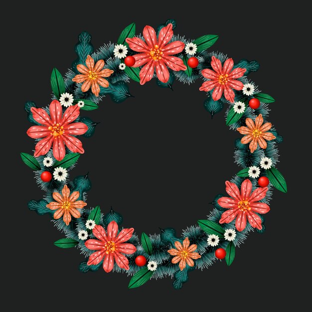 Watercolor christmas wreath with flowers