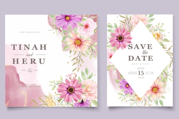 Free vector watercolor chrysanthemum wedding invitation card set