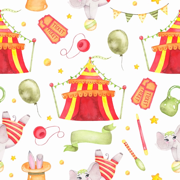 Watercolor circus animal seamless pattern with circus tent, elephant on ball isolated
