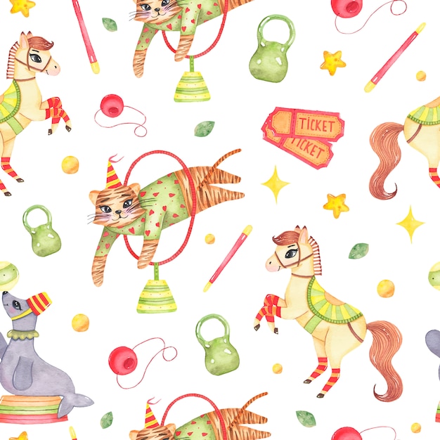 Watercolor circus animal seamless pattern with horse tiger jumping through circle