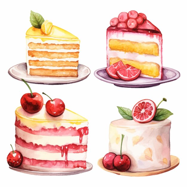 A watercolor clipart set of cakes and cake slices lemon strawberry and cherry