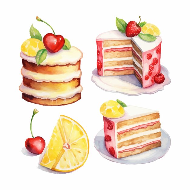 A watercolor clipart set of cakes and cake slices lemon strawberry and cherry