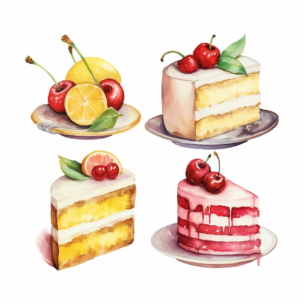 A watercolor clipart set of cakes and cake slices lemon strawberry and cherry