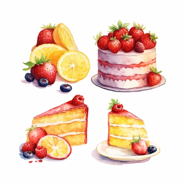 A watercolor clipart set of cakes and cake slices lemon strawberry and cherry