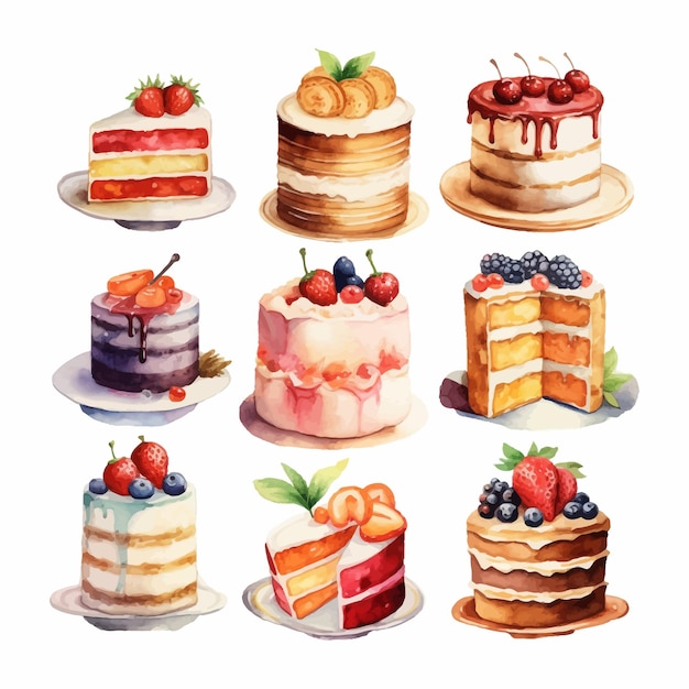 A watercolor clipart set of cakes and cake slices lemon strawberry and cherry