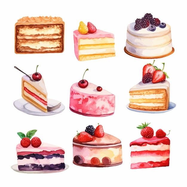 A watercolor clipart set of cakes and cake slices lemon strawberry and cherry