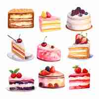 Free vector a watercolor clipart set of cakes and cake slices lemon strawberry and cherry