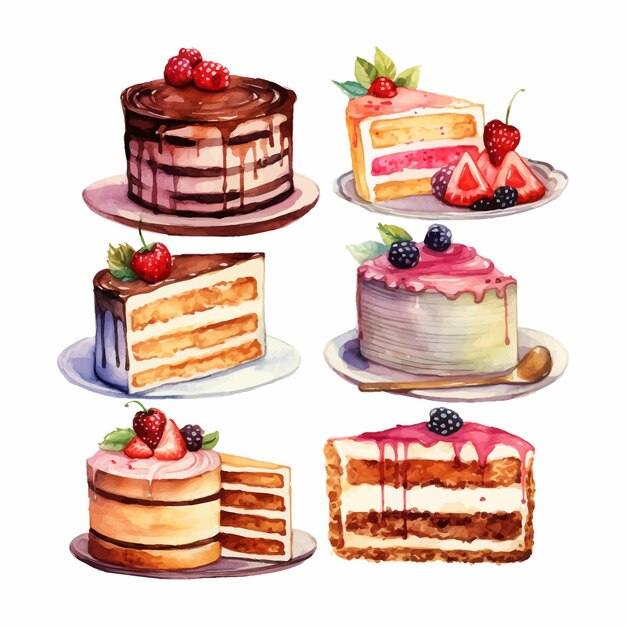 A watercolor clipart set of cakes and cake slices lemon strawberry and cherry