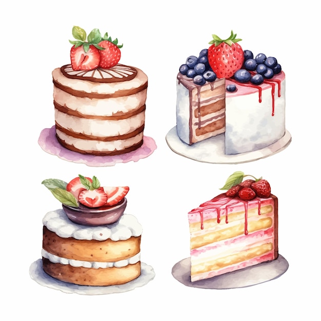 A watercolor clipart set of cakes and cake slices lemon strawberry and cherry